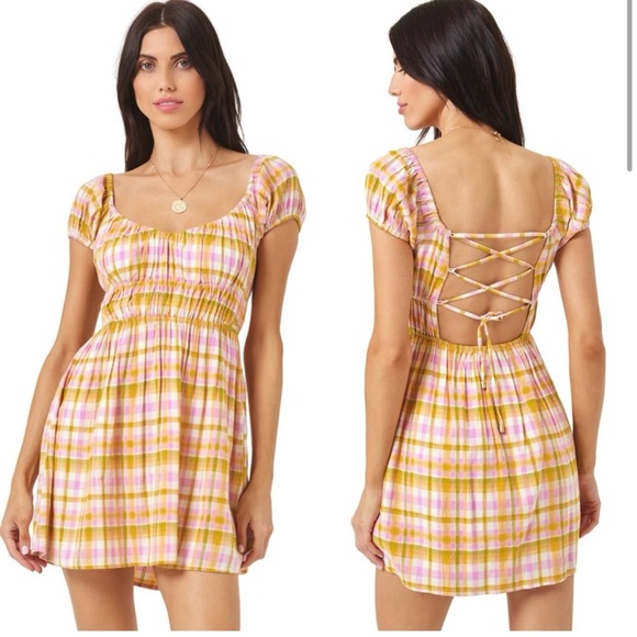 L*Space Belle Plaid Yellow & Pink Criss Cross Back Mini Dress Various Sizes NWT - Picture 4 of 8